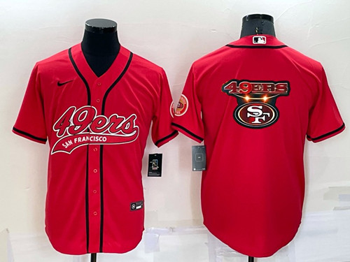 Men's San Francisco 49ers Red Team Big Logo With Patch Cool Base Stitched Baseball Jersey - Click Image to Close